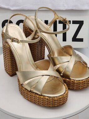 Schutz Keefa Gold Metallic Platform Woven Block Heel Sandals Women’s Size 10